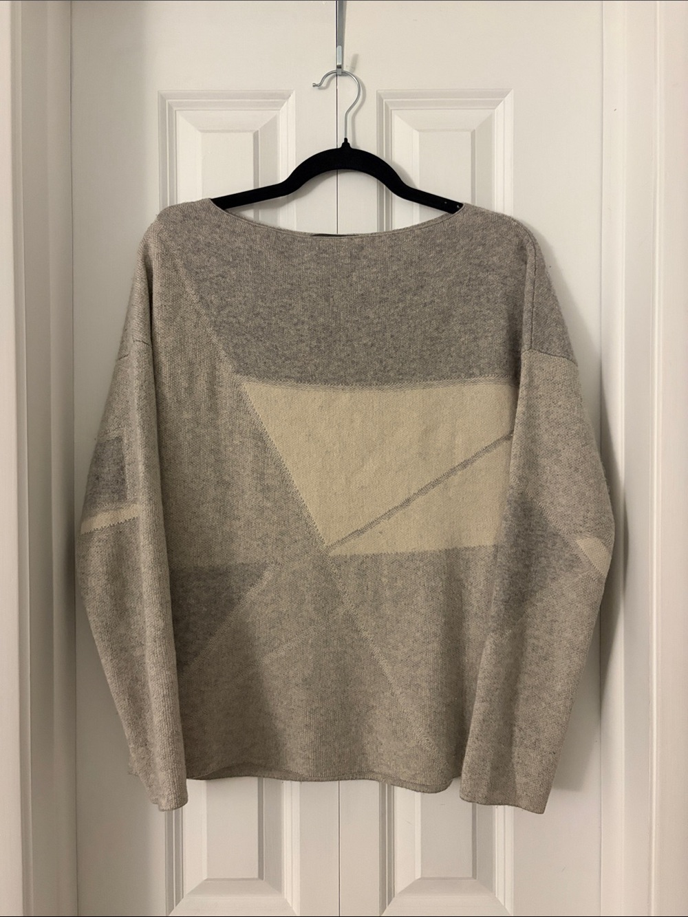 Vince Cream and Gray Geometric Boatneck Sweater